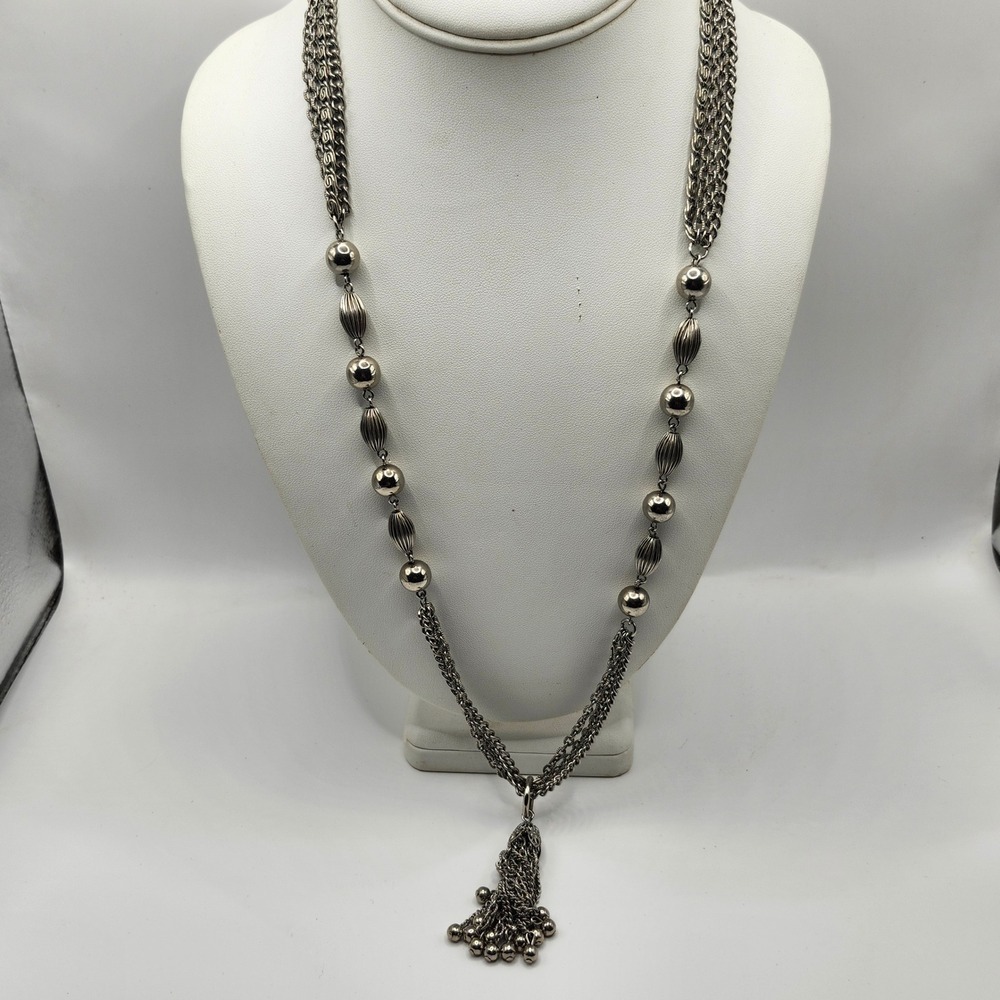 Vintage Silver Tone Multi Strand Chain Tassel Necklace‎ with Ribbed Beads